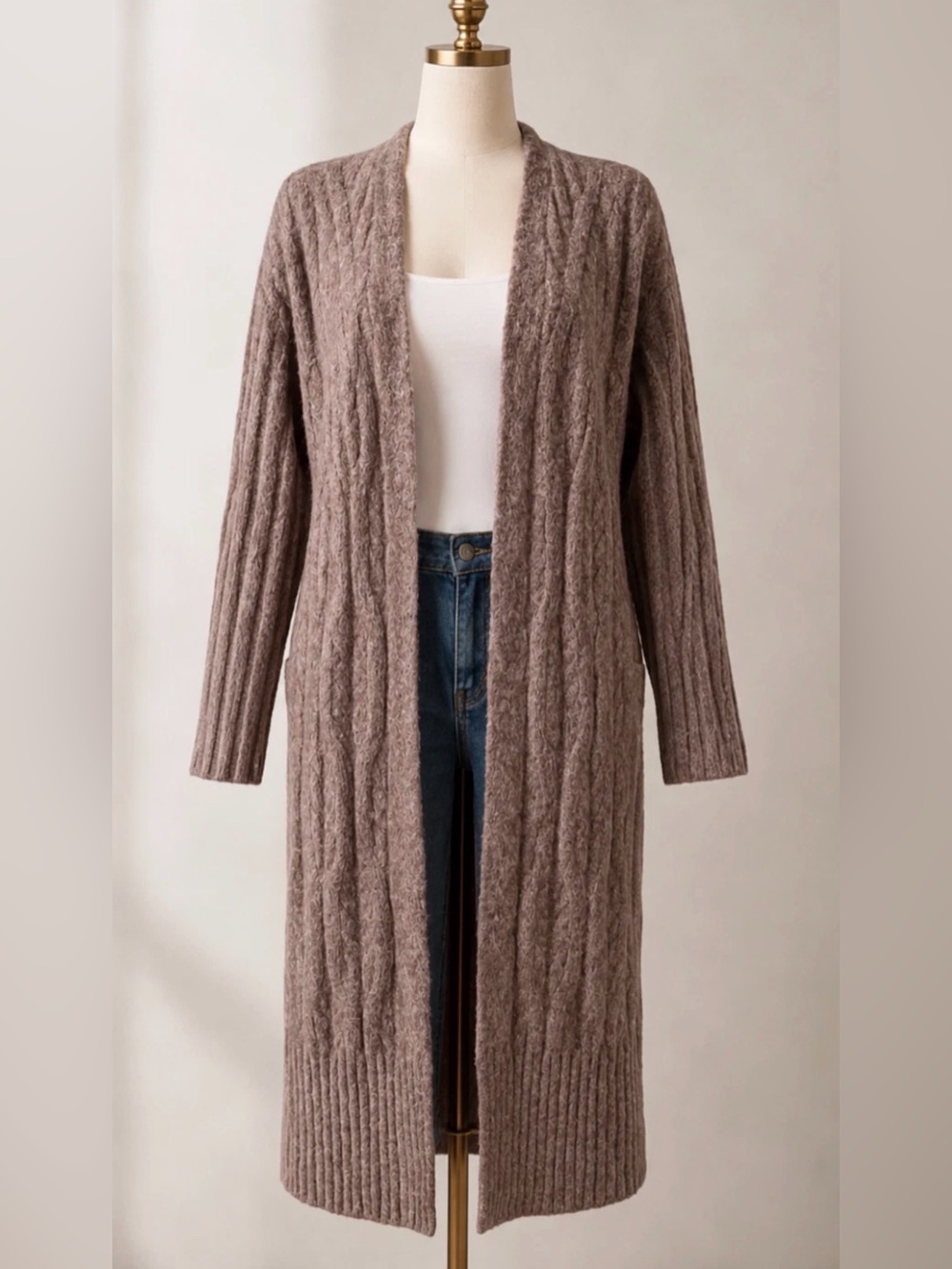 NEW EXPRESS HEATHER BROWN CABLE KNIT DUSTER CARDIGAN SWEATER SIZE XS